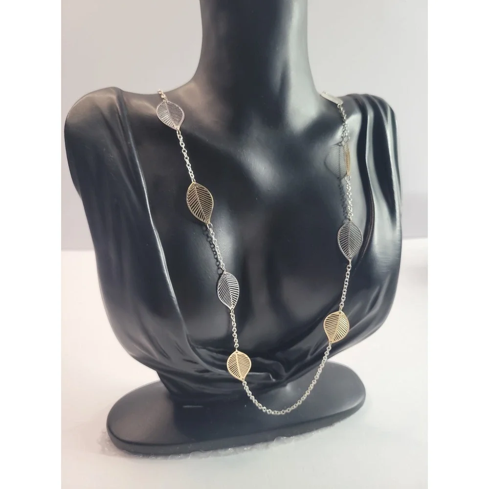Long Mixed Metal Leaf Station Necklace Gold Silver Tone Openwork‎ Leaves